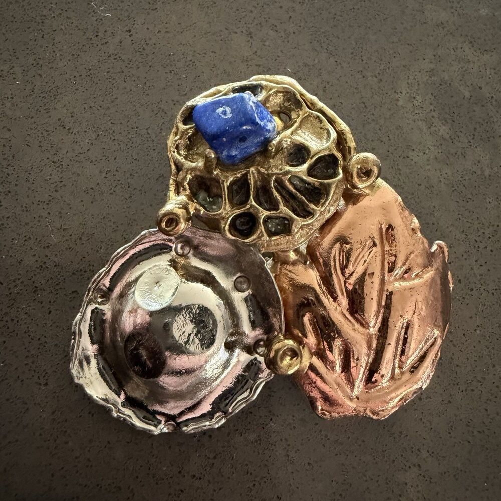 Vtg Brutalist Pendant Artisan Abstract Mixed Metal Brass Copper Silver Lapis